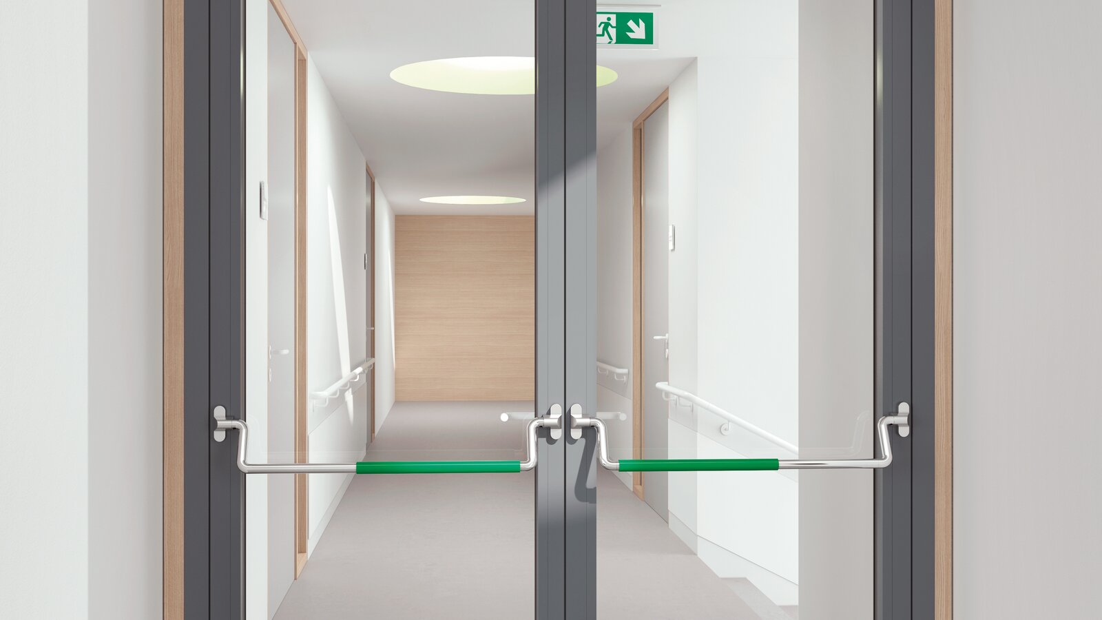 HEWI panic bar stainless steel matt Double glass door equipped with two stainless steel panic bars with green polyamide handle tube
