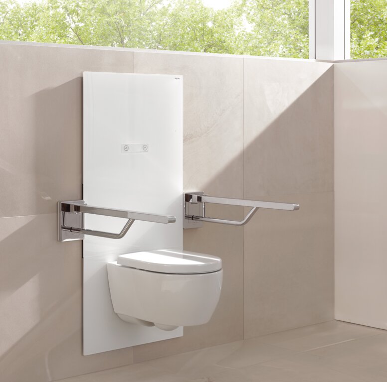 Height-adjustable WC module with folding support handle