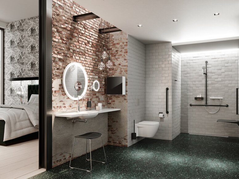 HEWI Hotelbadezimmer System 900 pulverbeschichtet Barrierefreies Hotelbadezimmer mit Waschplatz, Duschbereich und WC System 900 pulverbeschichtet