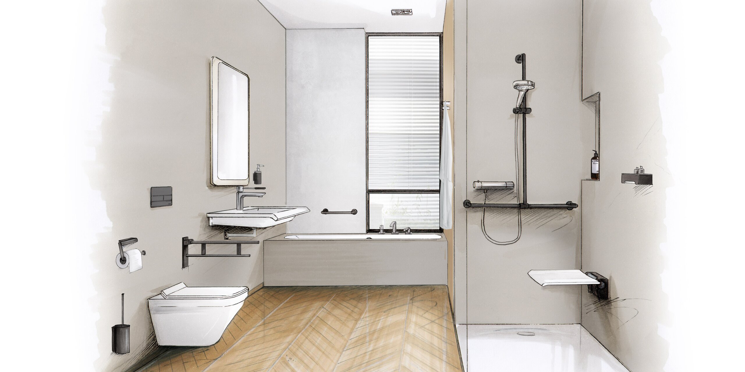 Barrierefreies Badezimmer mit bodengleicher Dusche, unterfahrbarem Waschtisch und Stützklappgriffen – KfW-Förderung Badsanierung möglich. 