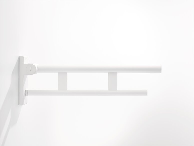 Barre d'appui pliante avec deux montants, couleur blanc mat, en acier inoxydable