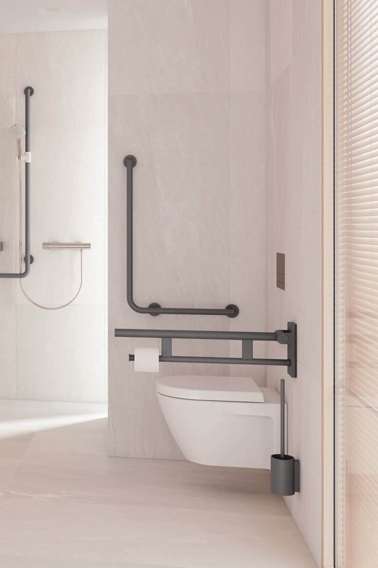 HEWI Serie 900 Anthrazit matt Barrierefreies Bad mit Waschplatz, Duschbereich und WC