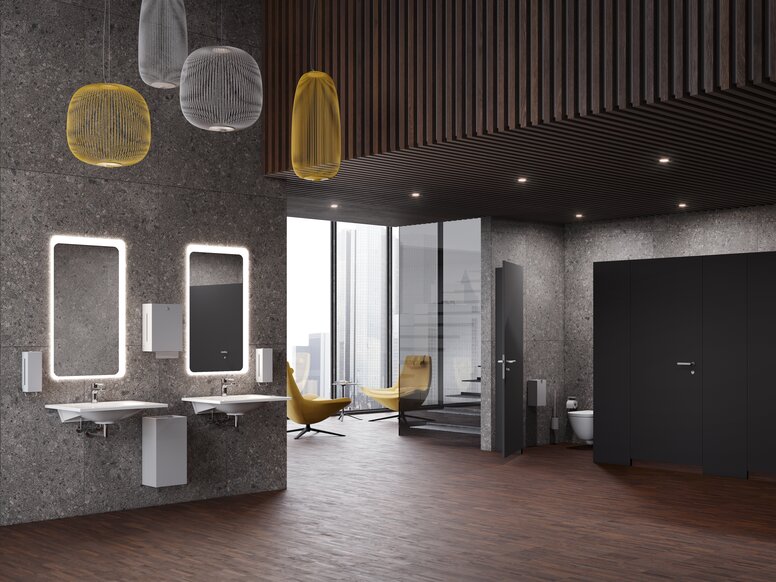 Salle de bain avec distributeur de savon et porte-serviettes en papier