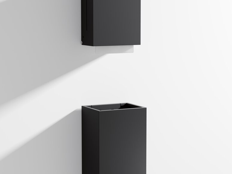 Distributeur de serviettes en papier et poubelle au design anguleux en noir mat en acier inoxydable