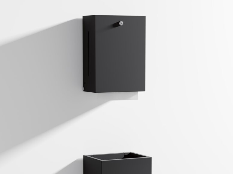 Distributeur de serviettes en papier et poubelle au design anguleux en noir mat en acier inoxydable