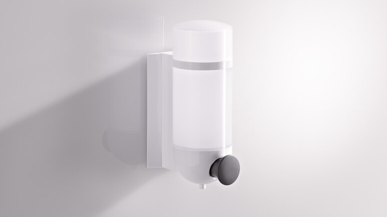HEWI Seifenspender Serie 477/801 Signalweiß HEWI Seifenspender mit zylindrischem Design in Signalweiß aus Polyamid und Drucktaste in Anthrazit Serie 477/801
