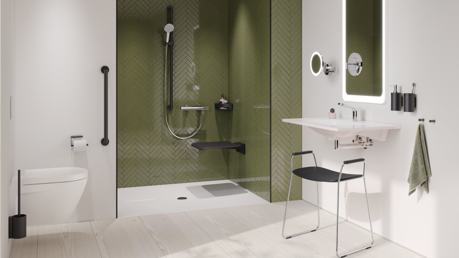 HEWI barrierefreies Bad System 900 Schwarz matt Barrierefreies Bad mit Waschplatz, Duschbereich und WC